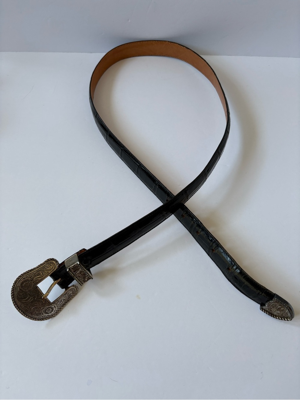 VNTG Leegin Silver Creek Embossed Leather Belt Black 34 Silver Western Cowgirl